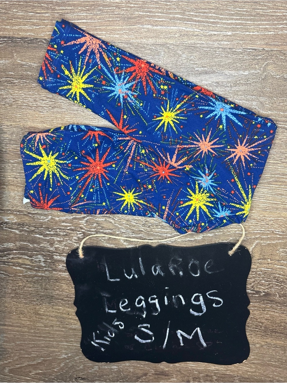 LuLaRoe Kids Leggings Navy with Yellow, Red, Light Blue & Coral Starbursts